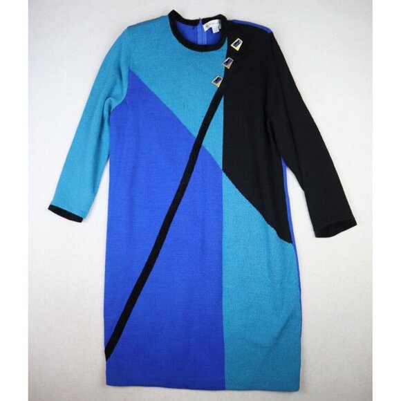 ANNE CRIMMINS FOR UMI COLLECTIONS - VINTAGE WOMEN'S BLUE PRINT SWEATER DRESS - L - Picture 3 of 11